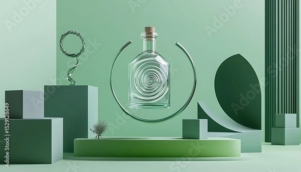 Obraz Floating glass bottle on green geometric product stand with spiral and cube elements