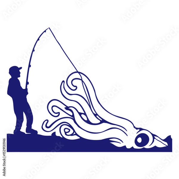 Obraz Fisherman catches octopus angler fish fishing fun Isolated Vector Graphic Design Illustration
