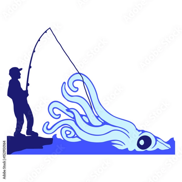 Obraz Fisherman catches octopus angler fish fishing fun Isolated Vector Graphic Design Illustration
