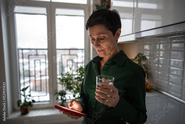 Fototapeta Nervous worried mature woman checking phone at home, overwhelmed by content, drinking water. Online negativity, life updates strain, personal worries, modern connectivity burden, solitude with tech