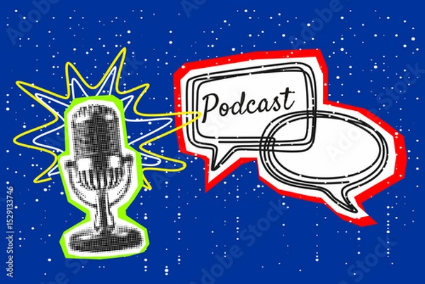 Obraz Trendy Halftone Collage with Studio Microphone for Podcast and speech bubble. Broadcast recording. Listen to educational content. Online radio. Audio streaming service.	