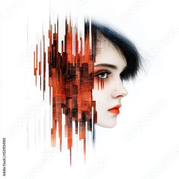 Fototapeta Abstract Digital Portrait of a Woman with Orange and Black Glitch Effect