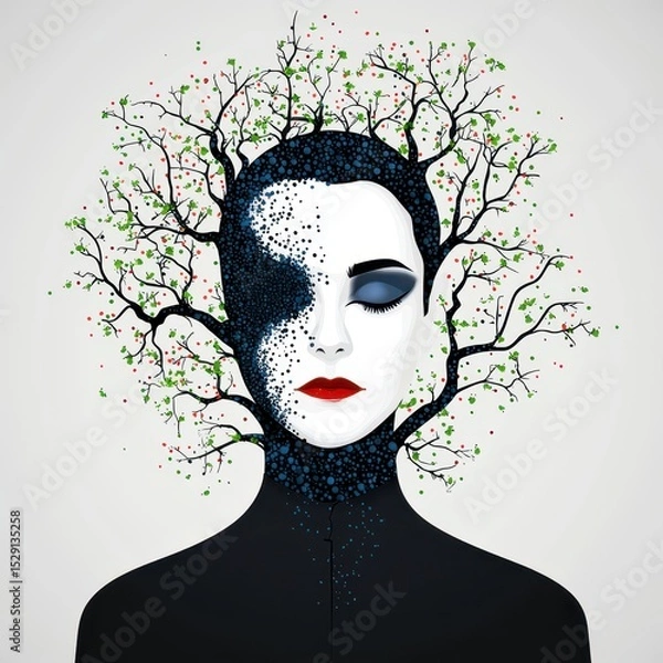 Fototapeta Abstract Pixelated Woman Portrait with Tree and Red Green Leaves