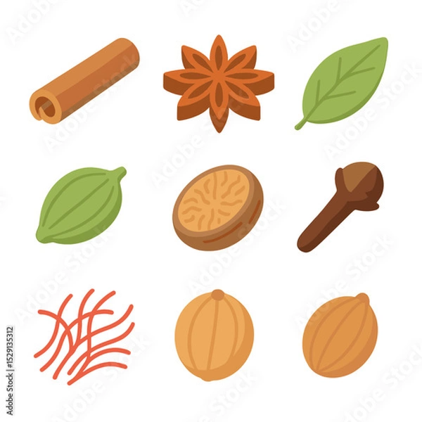 Fototapeta Whole Spices Icons. Isometric Flat icon set of whole spices: cinnamon stick, cardamom pod, star anise, bay leaf, peppercorn,