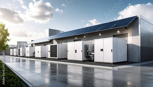 Obraz Cloud Infrastructure On Urban Rooftops Featuring White Server Units Under Blue Sky With Sunlight