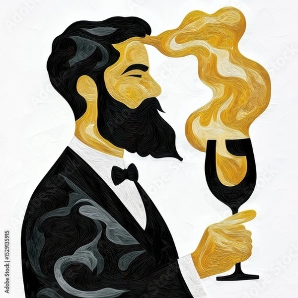 Fototapeta Bearded Man in Tuxedo Holding Amber Liquid with Stylized Smoke