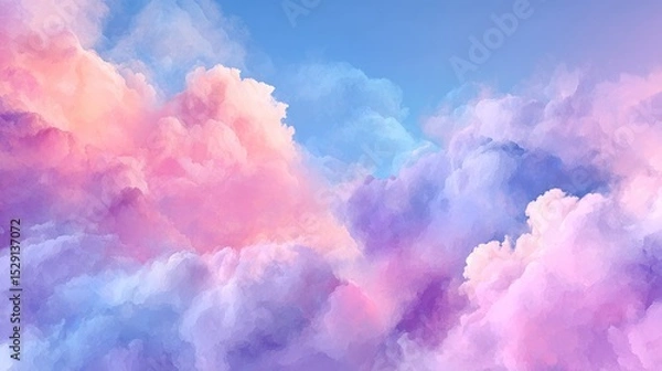 Fototapeta Colorful fluffy clouds in a blue sky create a dreamy ethereal atmosphere.