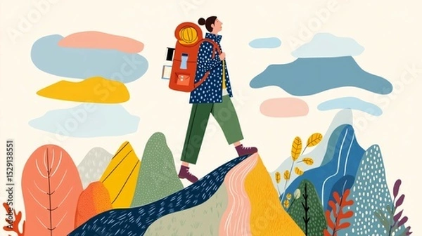 Fototapeta A person with ADHD is enjoying a climb through a vibrant, stylized mountain landscape, showcasing their passion for outdoor adventures and exploration of nature's beauty