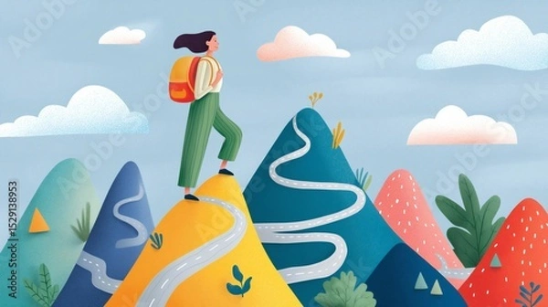Fototapeta A person with ADHD is engaged in climbing a vibrant mountain path surrounded by whimsical peaks and colorful flora, emphasizing the journey of self-discovery and adventure in nature