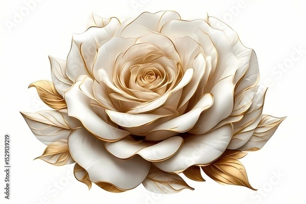 Fototapeta Single sculpted white rose in high relief, with a delicate spine traced in brushed gold — floating gently on a matte white background for a soft, graceful focal point.
