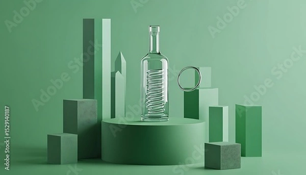 Obraz Floating glass bottle on green geometric product stand with spiral and cube elements