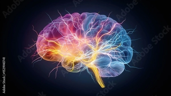 Obraz This conceptual illustration showcases a brain illuminated with dynamic colors, emphasizing its intricate neural connections and the complexity of cognitive processes