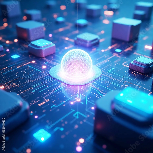 Fototapeta Futuristic AI Chip and Digital Circuit in Neon Light Technology Background