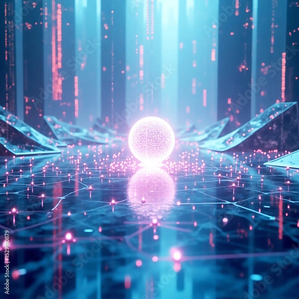 Obraz Glowing AI Orb in Futuristic Digital Environment with Neon Data Streams