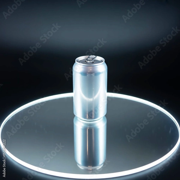 Fototapeta Aluminum Can on Glowing Platform with Dark Background – Futuristic Product Mockup