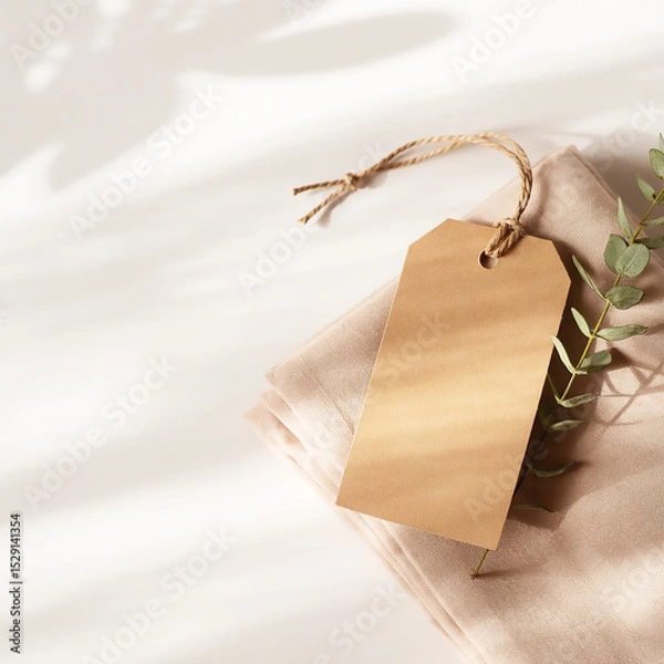 Obraz Blank Kraft Paper Tag on Fabric with Eucalyptus – Minimal Natural Branding Concept