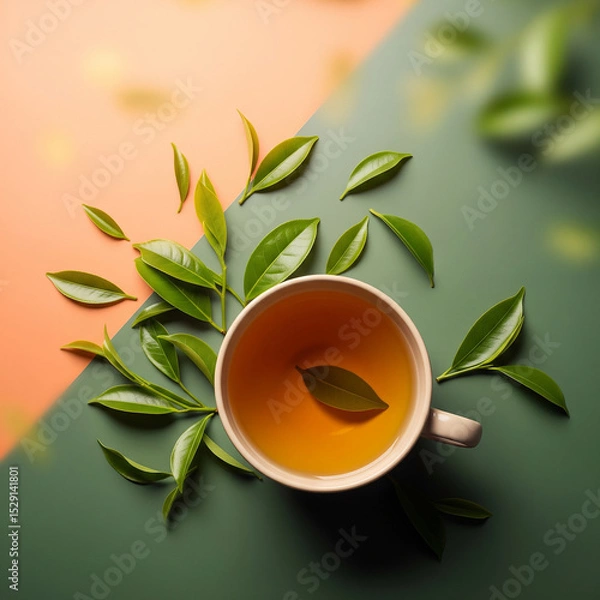 Obraz cup of tea with green leaves