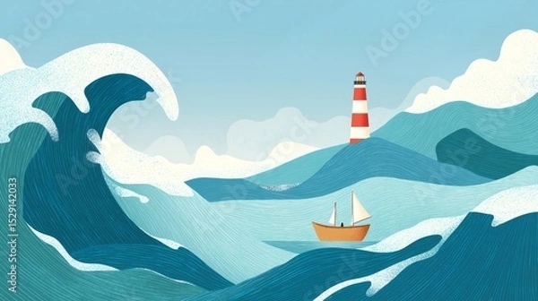 Fototapeta Colorful waves crash against one another while a small sailing boat moves through the water, close to a red and white lighthouse standing tall against the clear sky