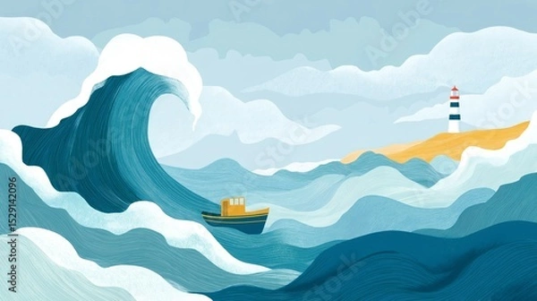 Fototapeta Swells of ocean waves rise dramatically as a small boat navigates through them, positioned near a striped lighthouse on a sandy shore, set against a cloudy backdrop