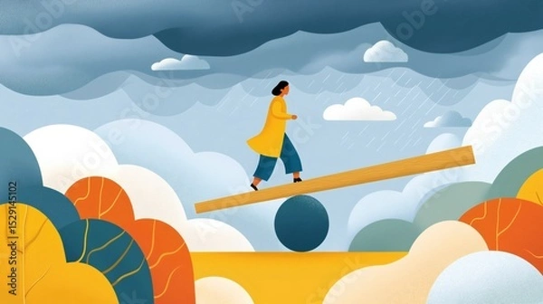 Fototapeta A figure navigates a seesaw in a stylized landscape filled with vibrant trees and dark clouds. The composition captures a sense of balance and tension between opposing elements