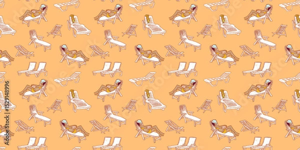Fototapeta Women in swimsuit relaxing on the sea. Girl sleeping on a beach lounger. Family on seaside vacation. Woman, boy and girl on the beach. Summer resort orange seamless pattern. Happy vacation