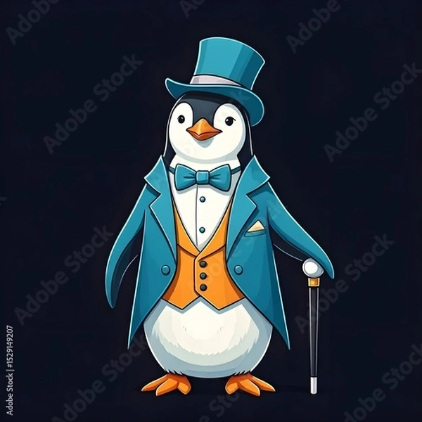 Fototapeta Vector picture with a penguin in a blue tuxedo and a top hat with a cane.