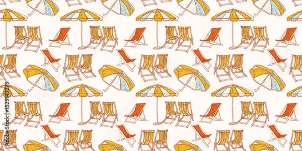 Fototapeta Beach furniture. Sunbeds, striped umbrellas and chairs on the seashore wallpaper. Summer resort white seamless pattern. Happy seaside vacation