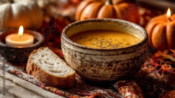 Fototapeta Creamy Butternut Squash Soup in a Rustic Ceramic Bowl