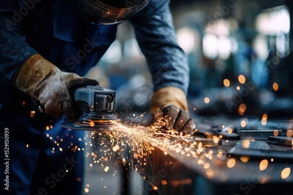 Fototapeta Dedicated worker in overalls and helmet working with an angle grinder at a factory, producing metal parts for the automotive industry.