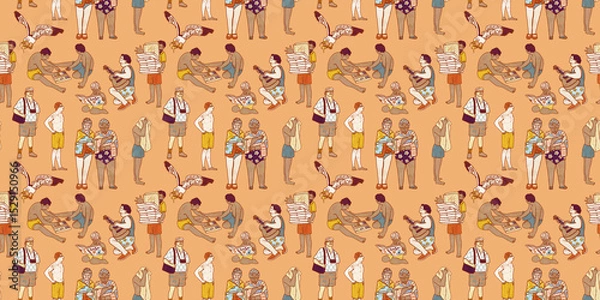 Fototapeta People having fun and relaxing on the beach seamless pattern. Summer orange wallpaper with groups of men and women. Happy vacation in a hotel by the sea