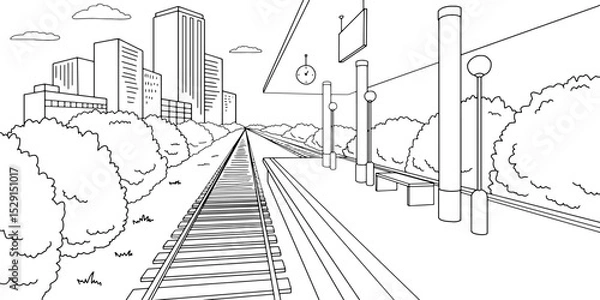 Fototapeta Railway station platform graphic train sketch illustration vector 