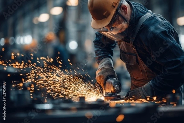 Fototapeta Dedicated worker in overalls and helmet working with an angle grinder at a factory, producing metal parts for the automotive industry.