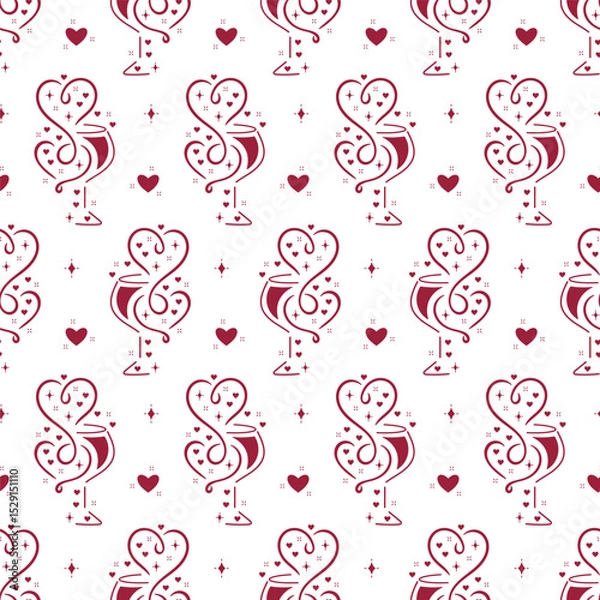 Fototapeta Burgundy White Romantic Vector Seamless Pattern of Wine Glasses with Hearts, Wine Splashes. Wine Lover Holiday Background