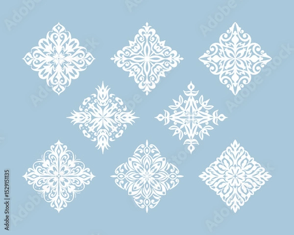 Fototapeta Vector Set of Square White Oriental Floral Ornament Illustration