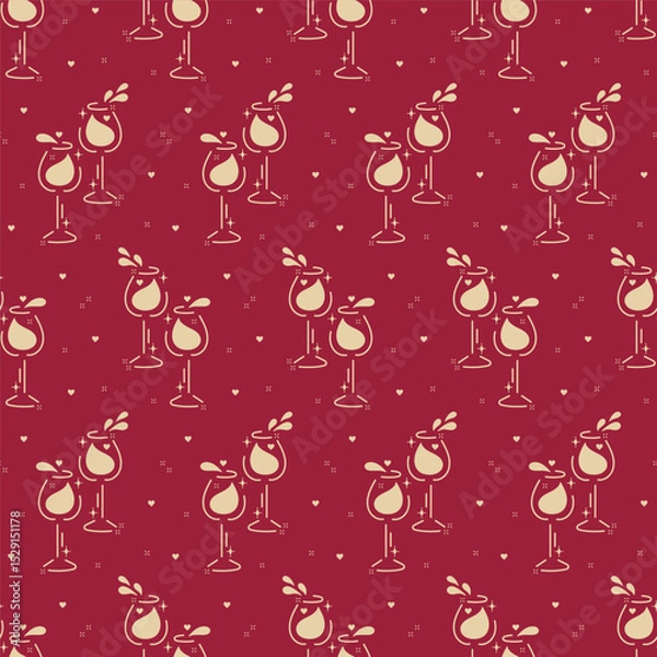 Fototapeta Burgundy Red Golden Romantic Vector Seamless Pattern of Wine Glasses with Hearts, Wine Splashes. Wine Lover Holiday Background