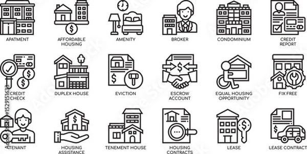 Obraz Real Estate Icons Comprehensive Guide to Housing, Leasing, and Property Management Illustrations
