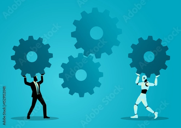 Fototapeta Businessman and a robot lifting large gears to complete a system, symbolizing collaboration, process optimization, business integration, and automation in business.