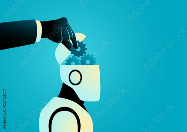 Obraz Human Hand Adjusting Robot Brain Gears, AI programming and machine learning concept.