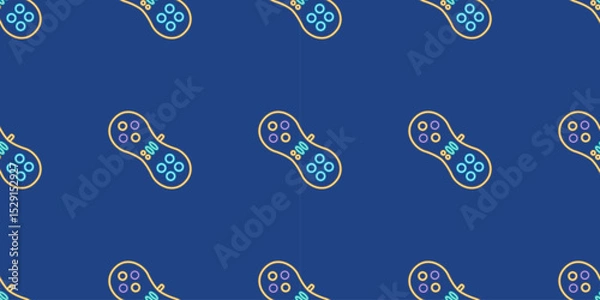 Fototapeta Vector neon glow game controller gamepad seamless pattern. Colored outline joystick element flat style on night dark background. Gamer device background