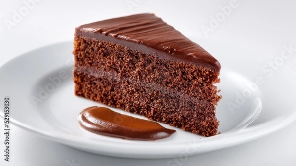 Obraz Chocolate cake slice on white plate isolated on white