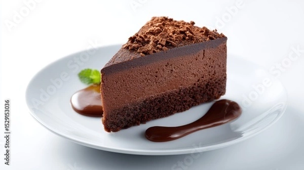 Obraz Chocolate cake slice on white plate isolated on white