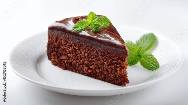 Obraz Chocolate cake slice on white plate isolated on white