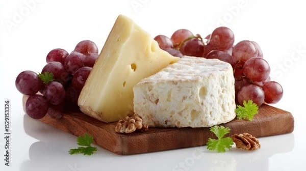 Obraz Cheese board with grapes isolated on white background