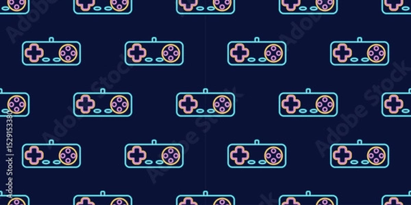 Fototapeta Vector neon glow game controller gamepad seamless pattern. Colored outline joystick element flat style on night dark background. Gamer device background
