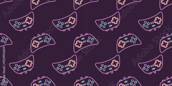 Fototapeta Vector neon glow game controller gamepad seamless pattern. Colored outline joystick element flat style on night dark background. Gamer device background