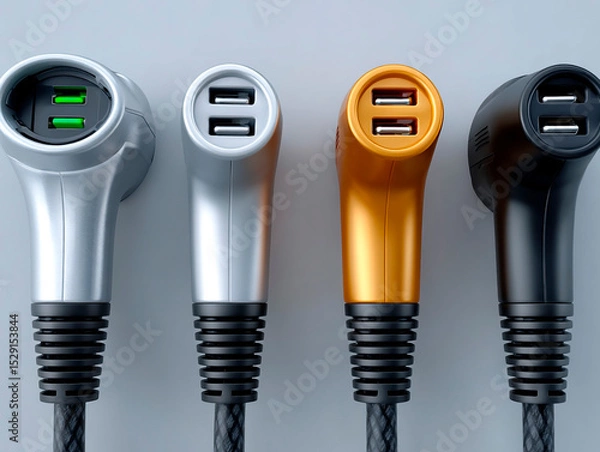 Fototapeta Closeup of four modern dual-port USB charging cables in various colors lined up vertically