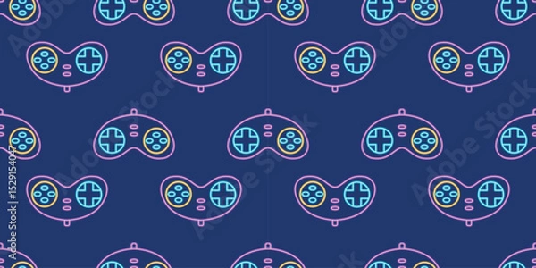 Fototapeta Vector neon glow game controller gamepad seamless pattern. Colored outline joystick element flat style on night dark background. Gamer device background