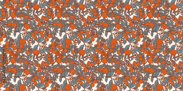 Fototapeta Moroccan fruit seamless pattern. Summer orange citrus wallpaper. Tangerine tree foliage on white provence backdrop