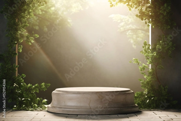 Obraz Empty stage for a presentation in a romantic elegant backyard with green leaves and illuminated back wall.