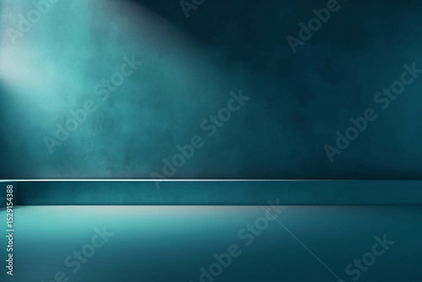 Obraz Empty room with stream of reflected light and shadows reflecting off the empty wall. Abstract universal background for presentation. Dark gray greenish interior background.